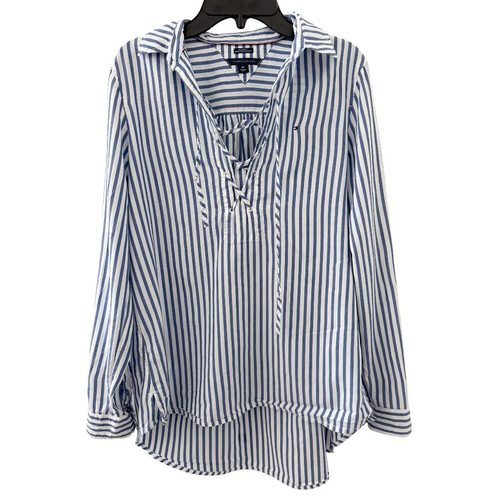 Tommy Hilfiger Blue White Striped Relaxed Fit Long Sleeves Blouse
